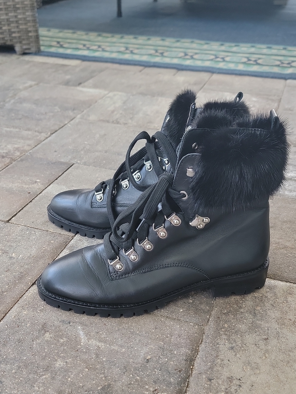Rebecca Minkoff Fox Fur Trim Lace-Up Leather Combat Boots Sz 10